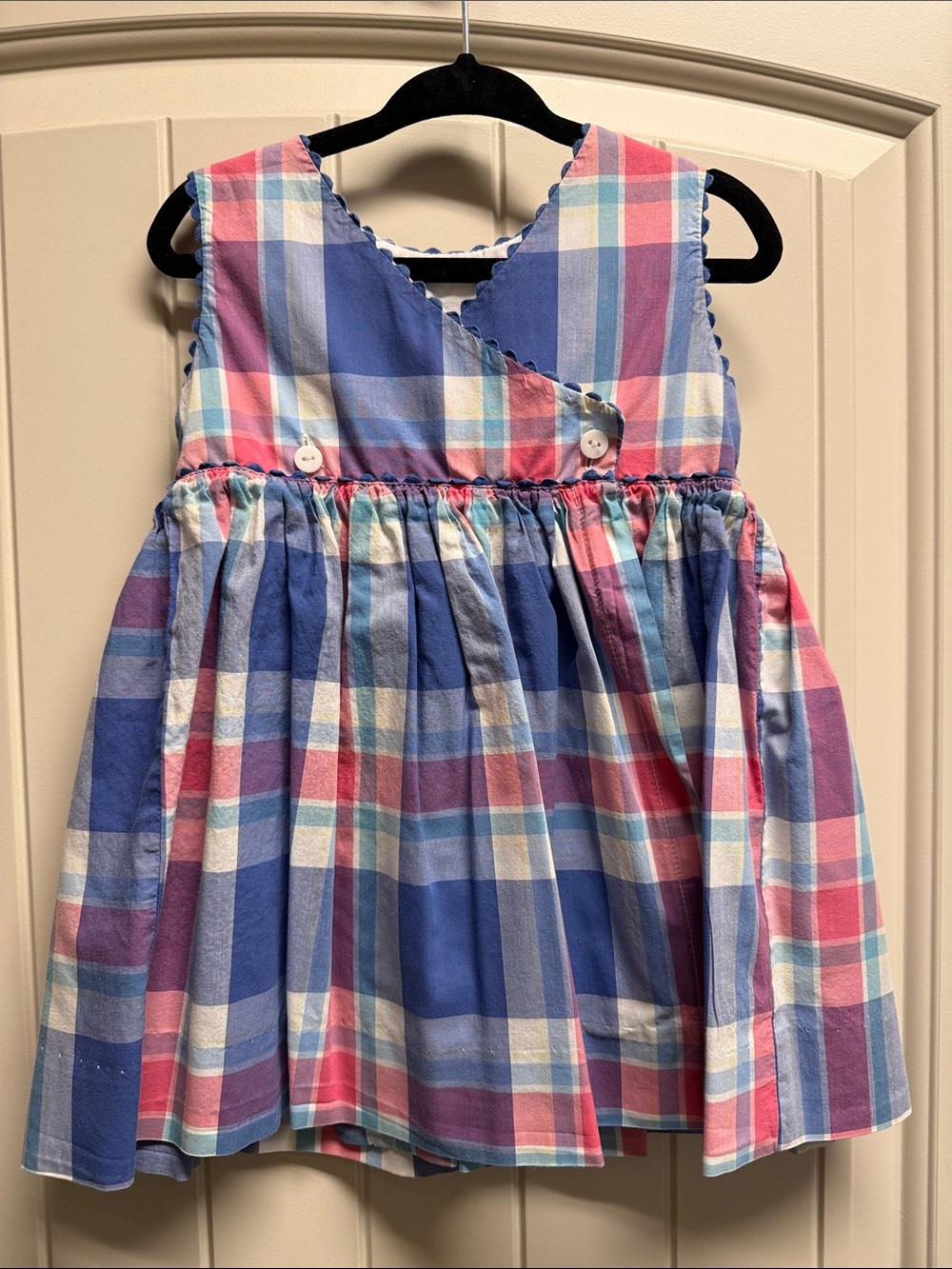 Bella Bliss Plaid Sleeveless Cotton Dress in Blue & Pink for Kids with Bloomers - Picture 2 of 3